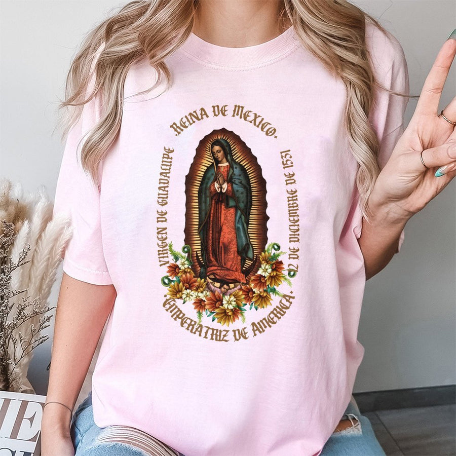Virgen De Guadalupe T-Shirt | Traditional Religious Mexican Icon Floral Design | Premium Soft Cotton | Catholic Gift For Women And Men