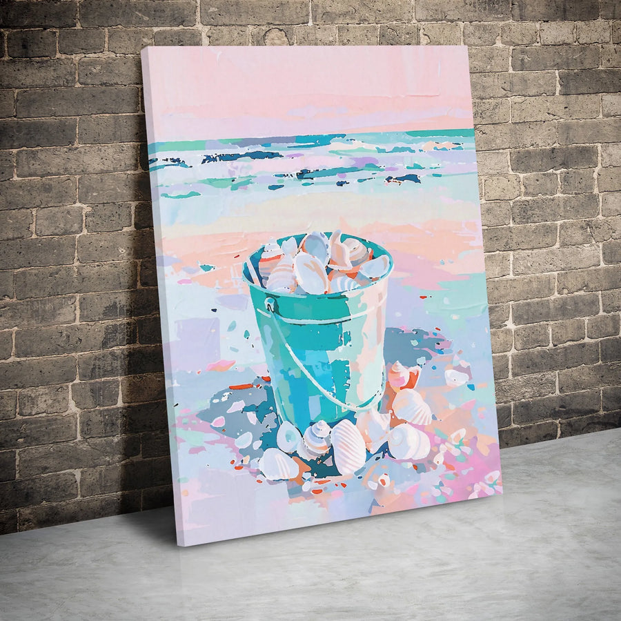 Seashell Bucket Canvas Wall Art | Pastel Beach Coastal Decor | Premium Gallery Wrap Print | Summer Seaside Home Accent for Bedroom or Bathroom