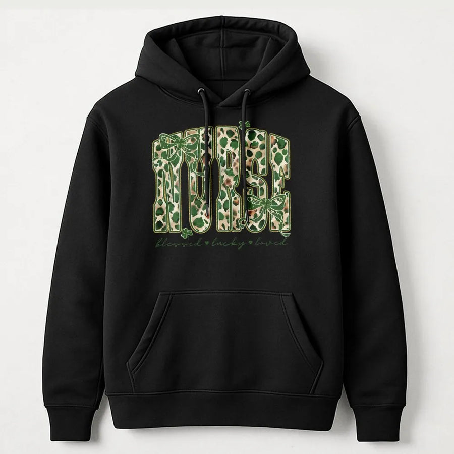 Nurse St Patricks Day Hoodie | Green Leopard Print Bow Graphic | Soft Premium Cotton Blend | Gift For Nursing Student Or RN