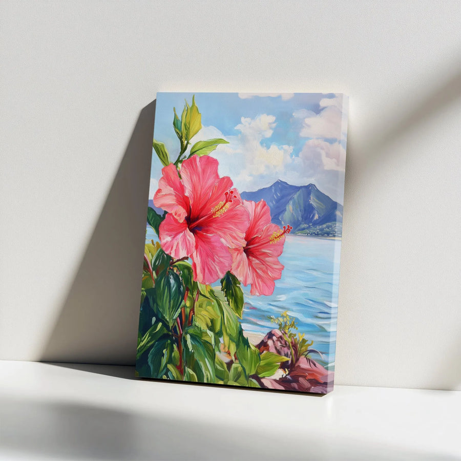 Hibiscus Flower Canvas Wall Art | Vibrant Hawaiian Coastal Scene Painting Style | Premium Thick Gallery Wrap Canvas | Tropical Botanical Decor Gift
