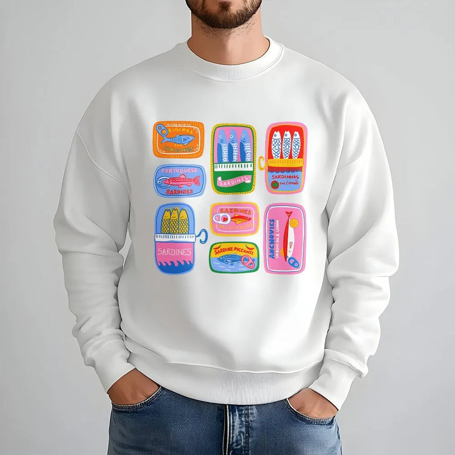 Tinned Fish Sweatshirt | Portuguese Sardine Can Art | Premium Cotton-Blend | Unique Preppy Foodie Gift