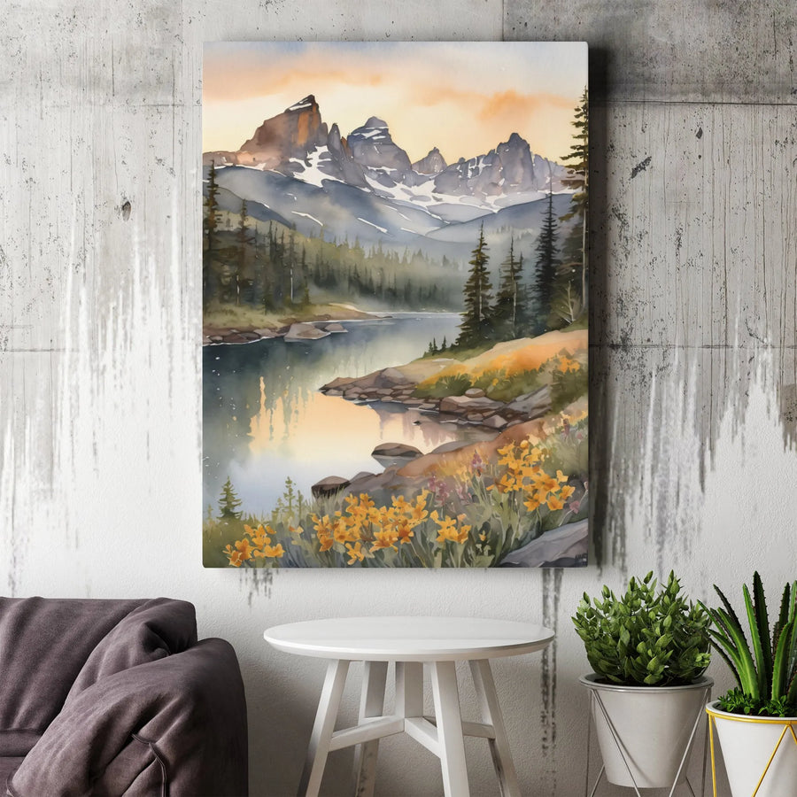Mountain Landscape Canvas Wall Art | Watercolor Lake & Wildflowers Print | 1.25-Inch Gallery Wrap | Premium Nature Decor for Home or Office Gift