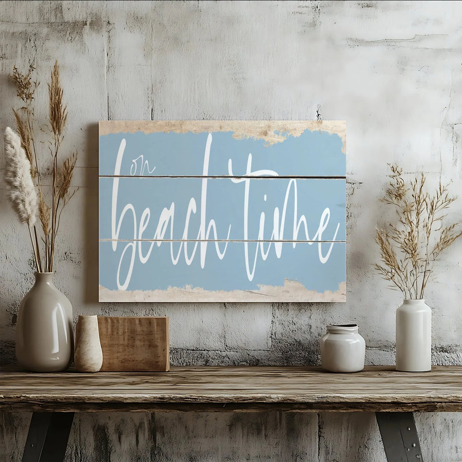 On Beach Time Canvas Wall Art | Rustic Coastal Sign Design | Premium Gallery Quality Canvas | Beach House & Coastal Home Decor Gift