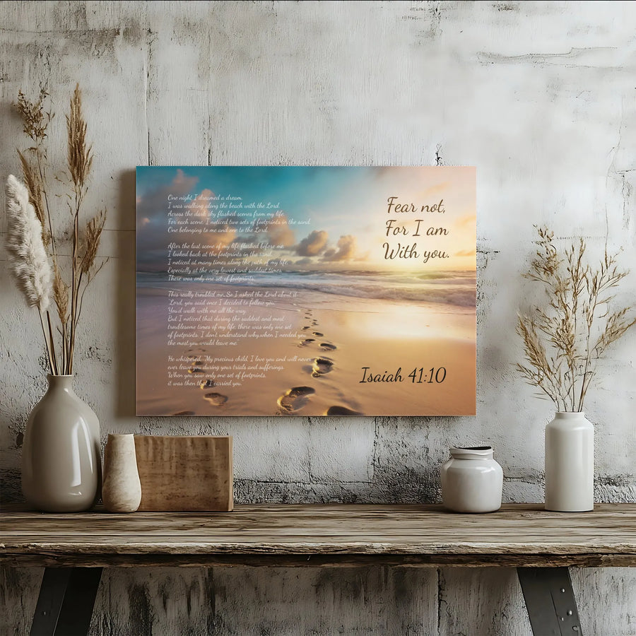 Footprints in the Sand Canvas Wall Art | Isaiah 41:10 Scripture Poem | Premium Gallery Wrapped Religious Home Decor | Inspirational Christian Sympathy Gift