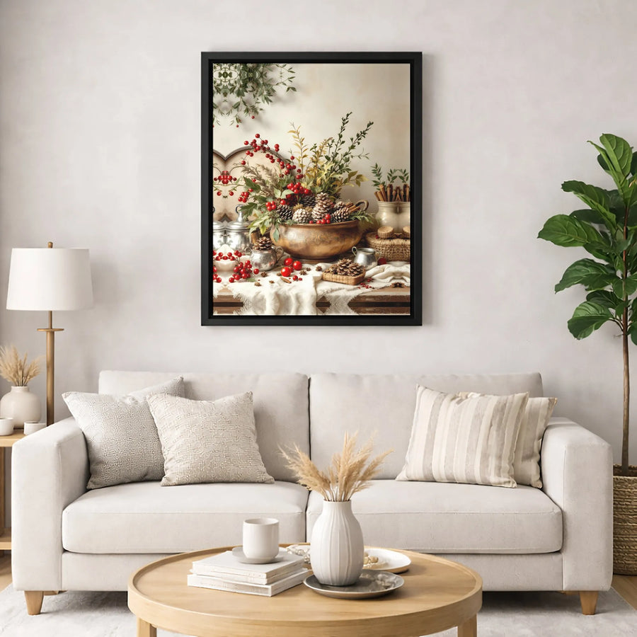 Christmas Still Life Canvas Print | Festive Pine Cones, Berries & Cinnamon Decor | 1.25" Gallery Profile | Seasonal Holiday Home Wall Art