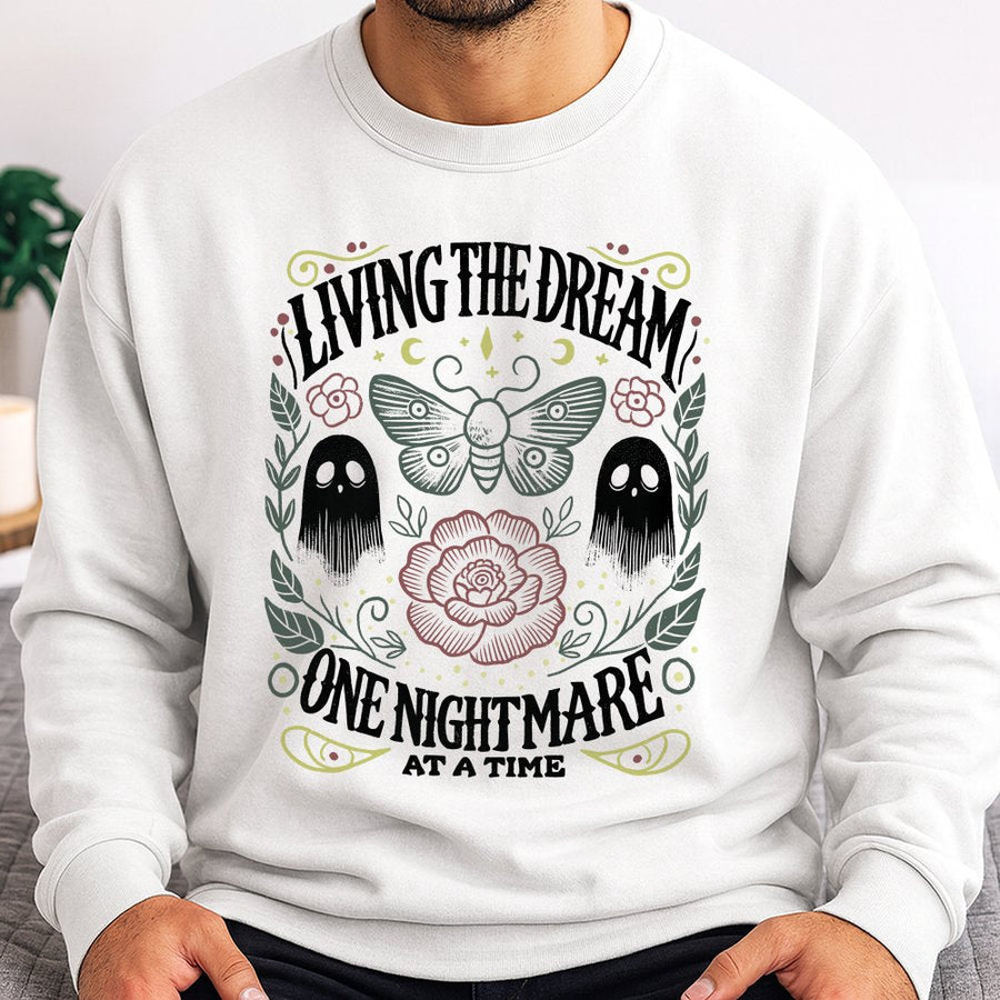 Living The Dream One Nightmare At A Time Sweatshirt | Spooky Moth Ghost Graphic | Unisex Premium Cotton Blend | Funny Halloween Gift