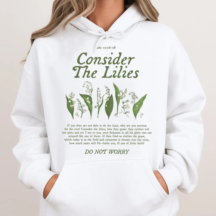 Consider The Lilies Bible Verse Hoodie | Scripture Luke 12:26-28 Floral Design | Premium Soft Unisex Pullover | Faithful Christian Faith Gift