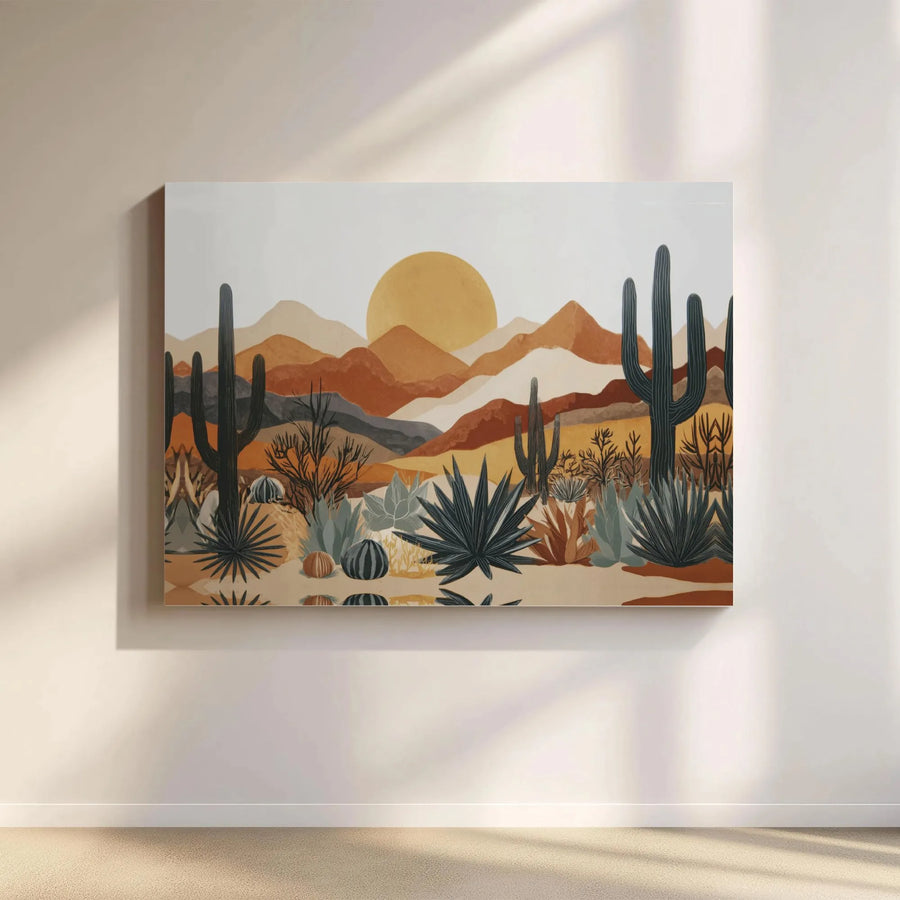 Boho Desert Landscape Wall Art | Mid-Century Modern Saguaro Cactus Canvas | Premium 1.25" Gallery Wrap | Southwest Home Decor Gift