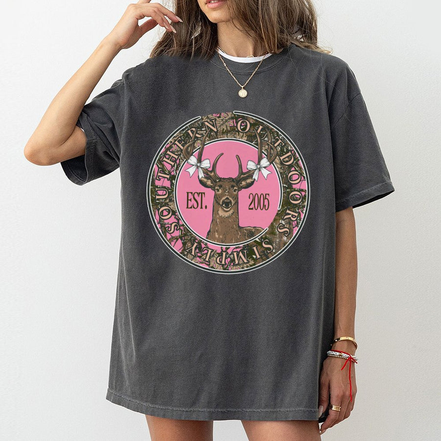 Country Deer Graphic T-Shirt | Pink Camo Bow Design | 100% Premium Cotton | Western Style Gift for Outdoorsy Women