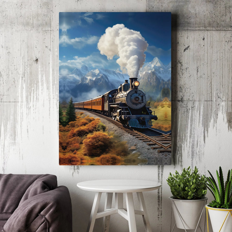 Vintage Steam Train Wall Art | Mountain Railway Autumn Landscape | Gallery Wrapped Premium Canvas | Gift for Train Enthusiasts & Travel Lovers