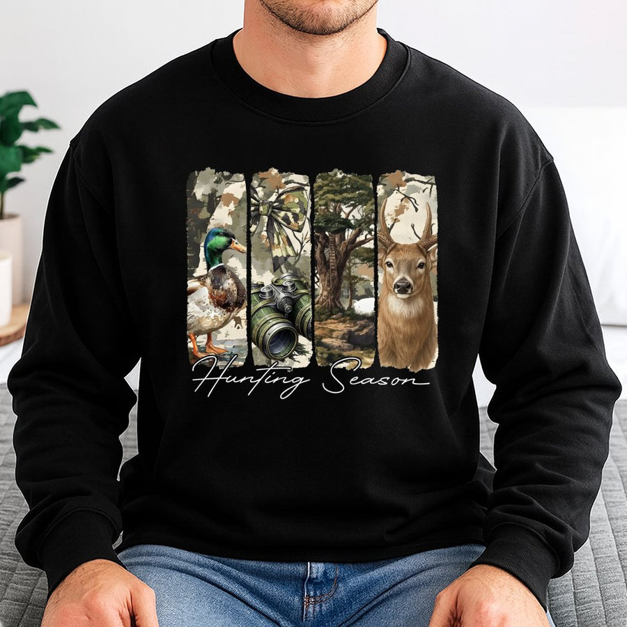 Hunting Season Sweatshirt | Preppy Camo Bow and Deer Graphic | Premium Cotton Blend | Gift for Duck and Deer Hunters Women