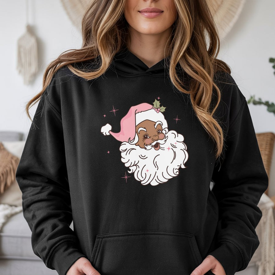 Black Santa Hoodie | Retro Pink Hat Christmas Graphic | Premium Cotton Blend Sweatshirt | Melanin Holiday Gift for Women and Men