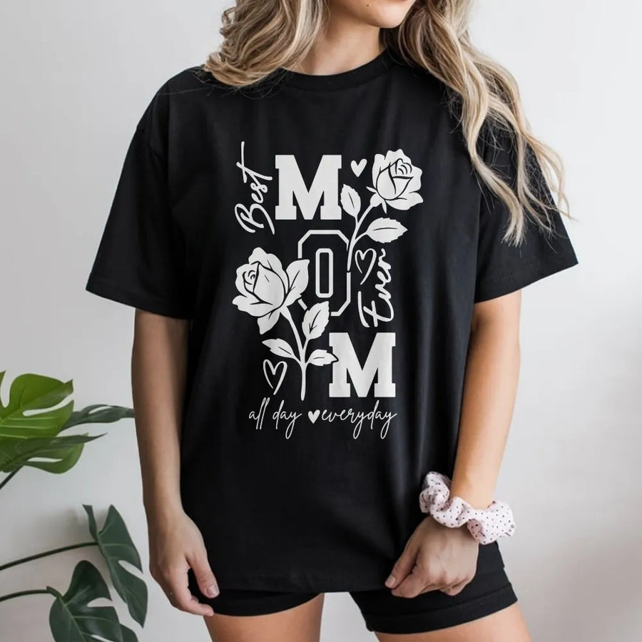 Best Mom Ever T-Shirt | Floral Rose Vertical MOM Graphic | Premium 100% Cotton | Mother's Day Gift for Women