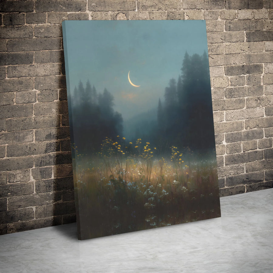 Misty Forest Landscape Canvas | Crescent Moon Wildflower Meadow Wall Art | Premium Gallery Wrap Decor | Nature Lover Gift