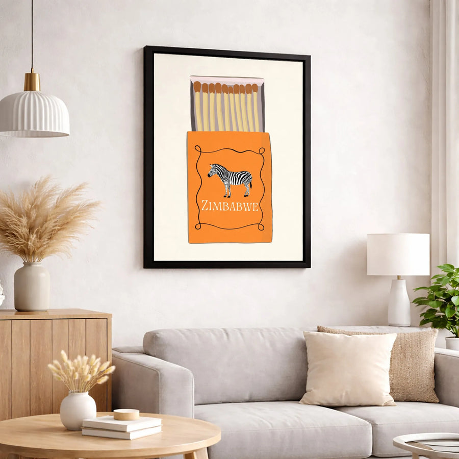 Zimbabwe Zebra Matchbox Art Print | Mid-Century Modern Illustration | Premium Gallery Canvas | Unique Travel Decor Gift for Safari Lovers