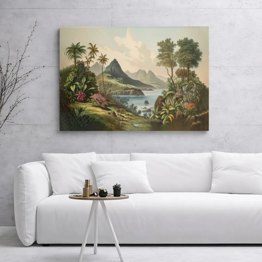 Tropical Island Landscape Canvas Print | Vintage Botanical Mountain View | Premium 1.25 Inch Gallery Wrap | Island Home Office Wall Decor