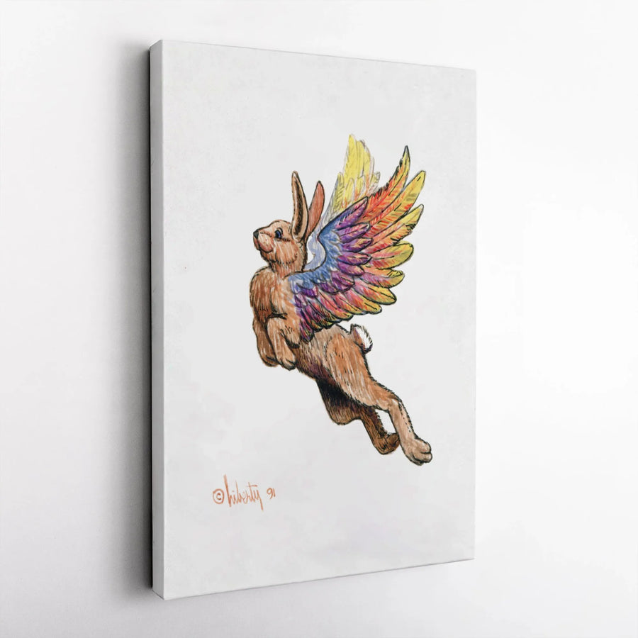 Flying Rabbit Wall Art | Rainbow Winged Bunny Fantasy Canvas | Gallery Quality 1.25 Inch Profile | Whimsical Nursery or Home Decor Gift