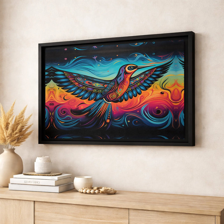 Psychedelic Hummingbird Canvas Wall Art | Vibrant Folk Art Bird Print | Premium 1.25" Gallery Wrap | Modern Home Office Decor Gift