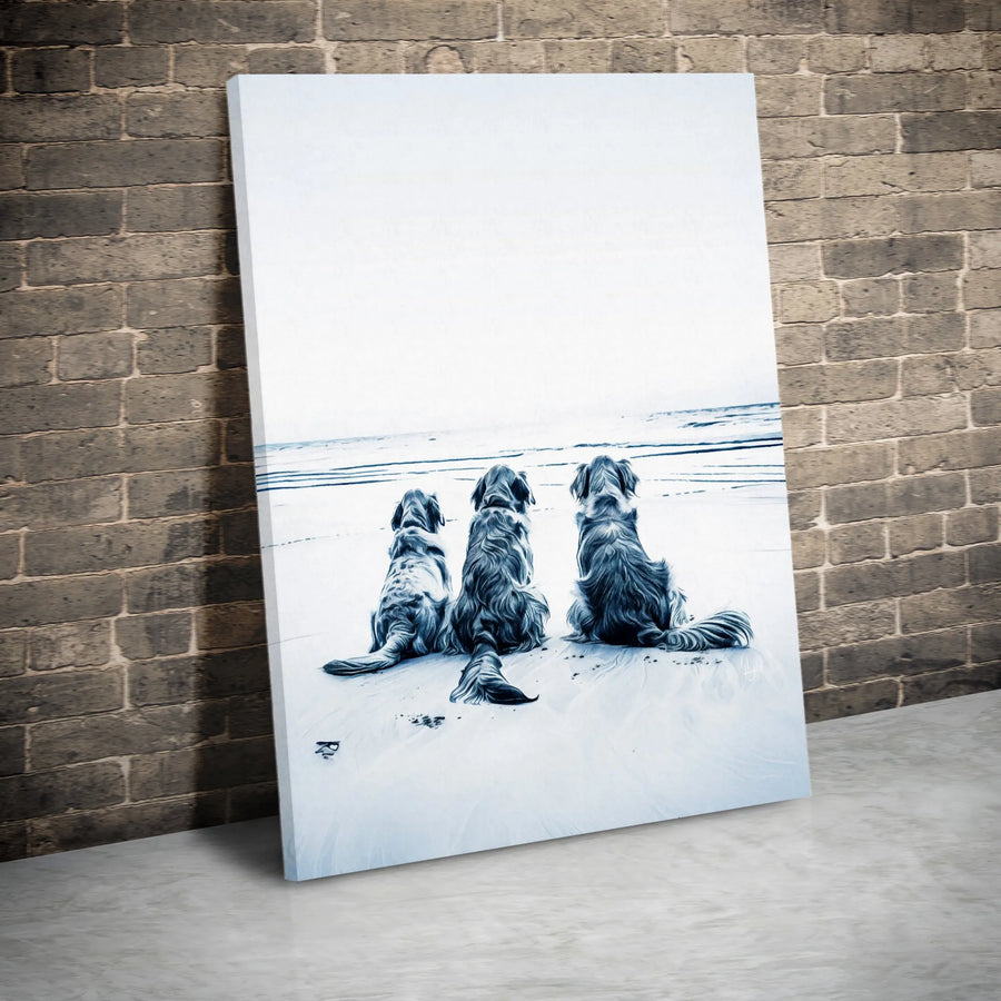 Three Dogs At The Beach Canvas Wall Art | Coastal Ocean Landscape Print | Premium Fade-Resistant Gallery Wrap | Dog Lover Home Decor Gift