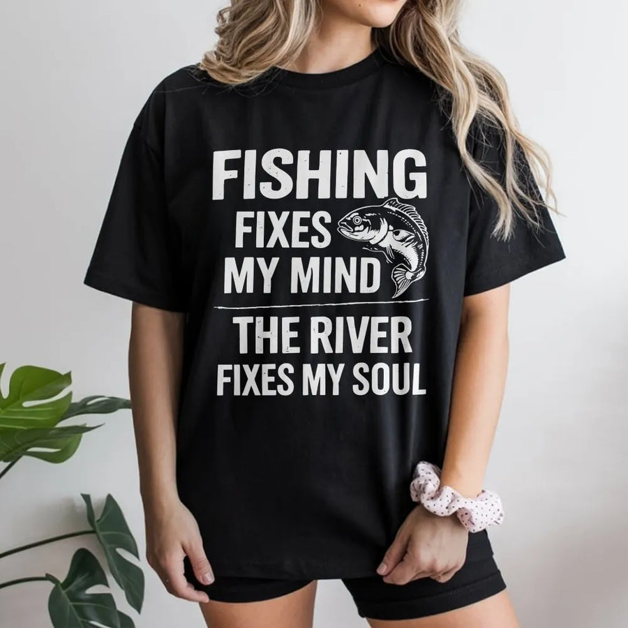 Funny Fishing T-Shirt | Fishing Fixes My Mind River Fixes My Soul | Soft Cotton Blend Pullover | Unique Gift for Fisherman