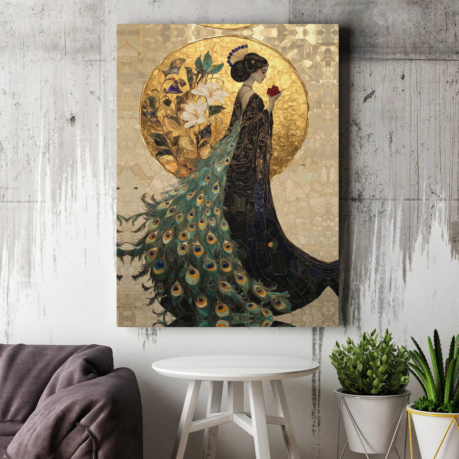 Art Nouveau Woman Wall Art | Peacock Feather Dress Canvas Print | Gold Mosaic Aesthetic Decor | Premium Gallery Quality Gift