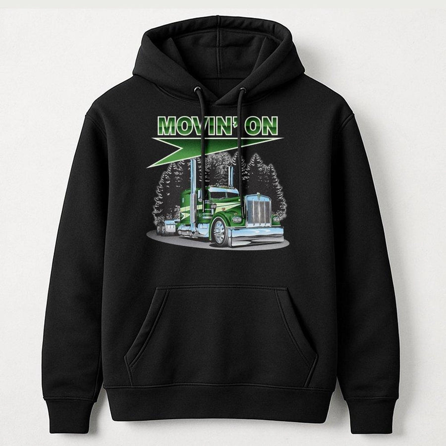 Semi Truck Hoodie | Movin' On Big Rig Graphic | Premium Cotton Blend | Gift for Truck Drivers and Highway Haulers