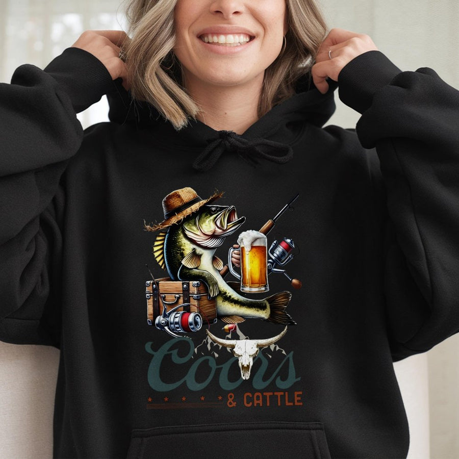 Coors Hoodie, Beer Fishing Hoodie For Men, Coors And Cattle Country Western Hoodie, Bass Fishing Graphic With Cowboy Cattle