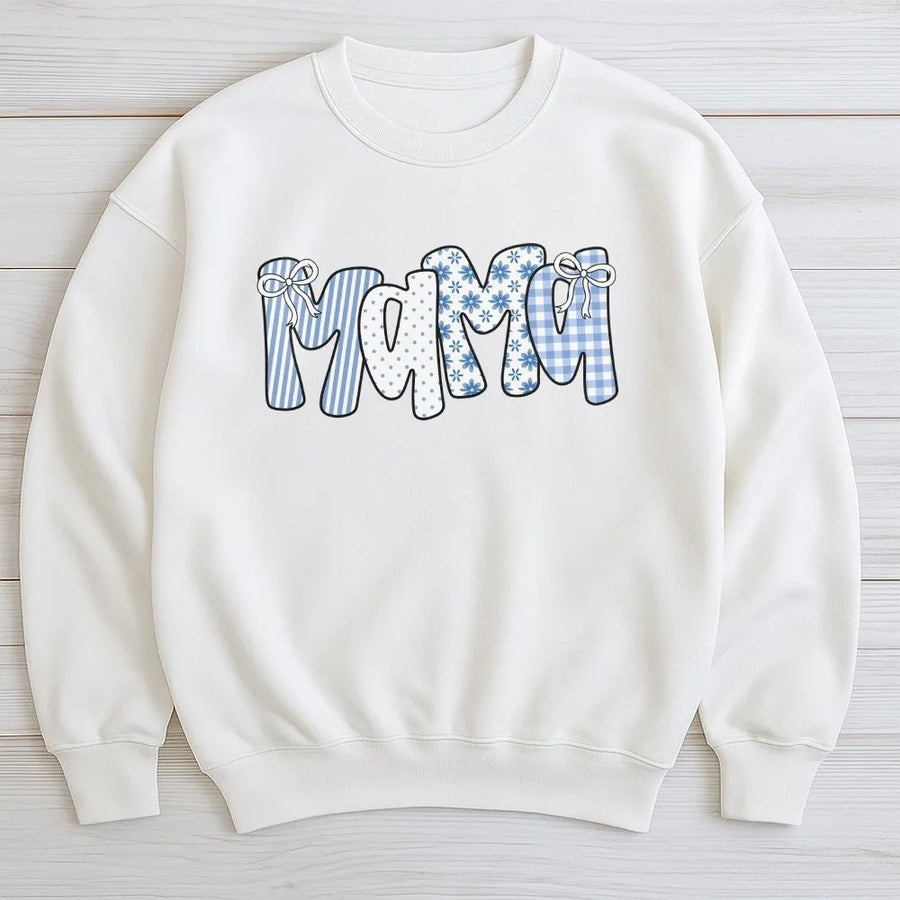 Mama Sweatshirt | Cute Blue Gingham & Floral Lettering | Cozy Cotton Blend Pullover | Gift for New Mom, Mothers Day Present