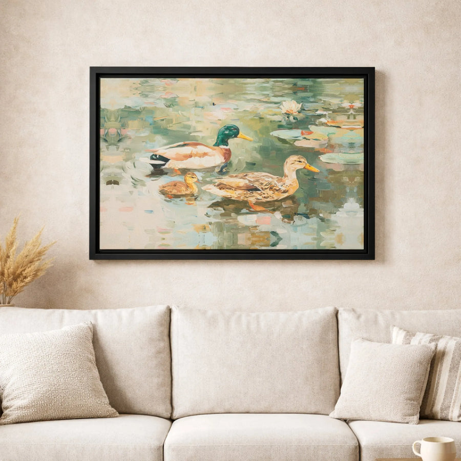 Mallard Duck Family Wall Art | Impressionist Lily Pond Oil Painting Style | Premium 1.25" Gallery Wrapped Canvas | Wildlife Nature Decor Gift