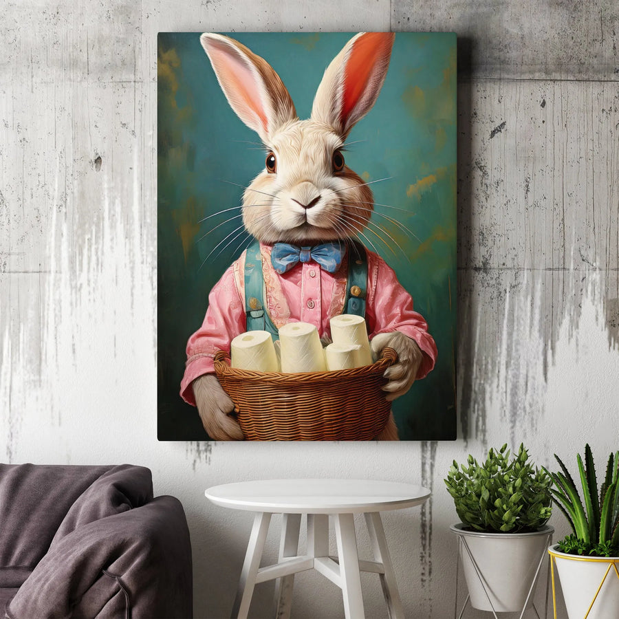 Funny Rabbit Toilet Paper Canvas Wall Art | Vintage Animal Portrait with Bow Tie | Premium Gallery Wrap Canvas | Quirky Bathroom Decor Housewarming Gift