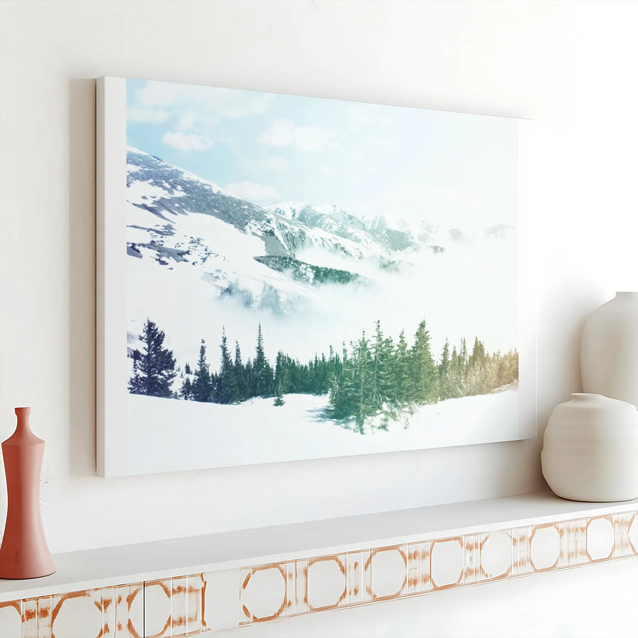 Snowy Mountain Landscape Canvas Art | Misty Pine Forest Photography | Premium High-Resolution Print | Living Room Decor Gift for Nature Lovers