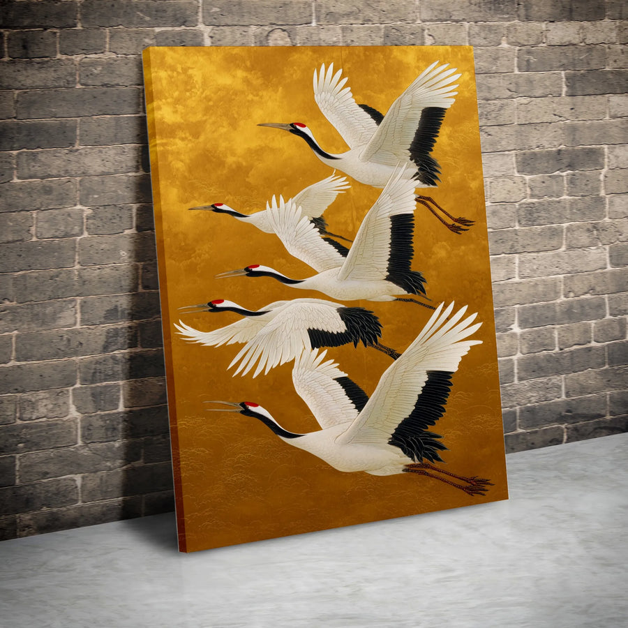 Japanese Red-Crowned Crane Canvas Wall Art | Gold Background Oriental Print | Premium Gallery Wrapped Decor | Traditional Asian Home Living Room Gift