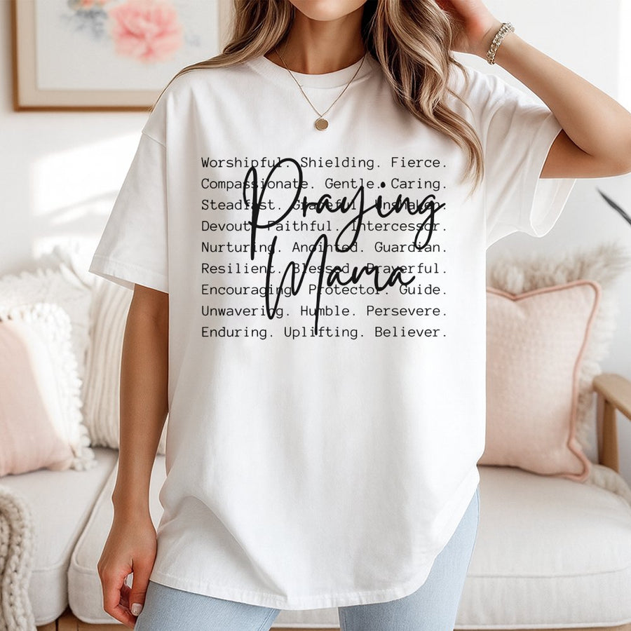 Praying Mama T-Shirt | Christian Faith Typography Graphic Tee | 100% Cotton Premium Comfort Shirt | Religious Mother's Day 2026 Gift for Christian Mom