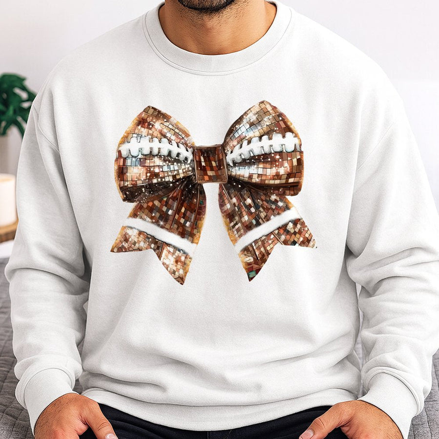 Disco Bow Football Sweatshirt | Retro Sparkle Sports Graphic | Premium Cotton Blend | Gift for Football Mom and Game Day Fans