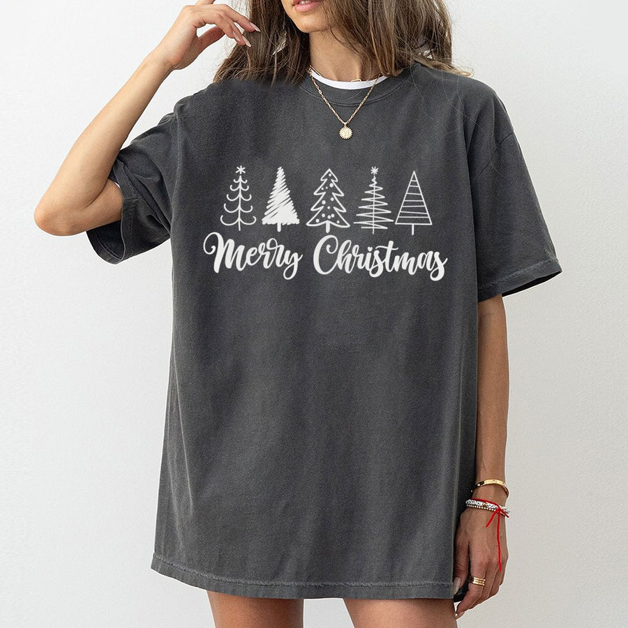 Merry Christmas Tree T-Shirt | Hand-Drawn Holiday Forest Graphic | 100% Premium Cotton | Unisex Festive Gift for Family and Friends