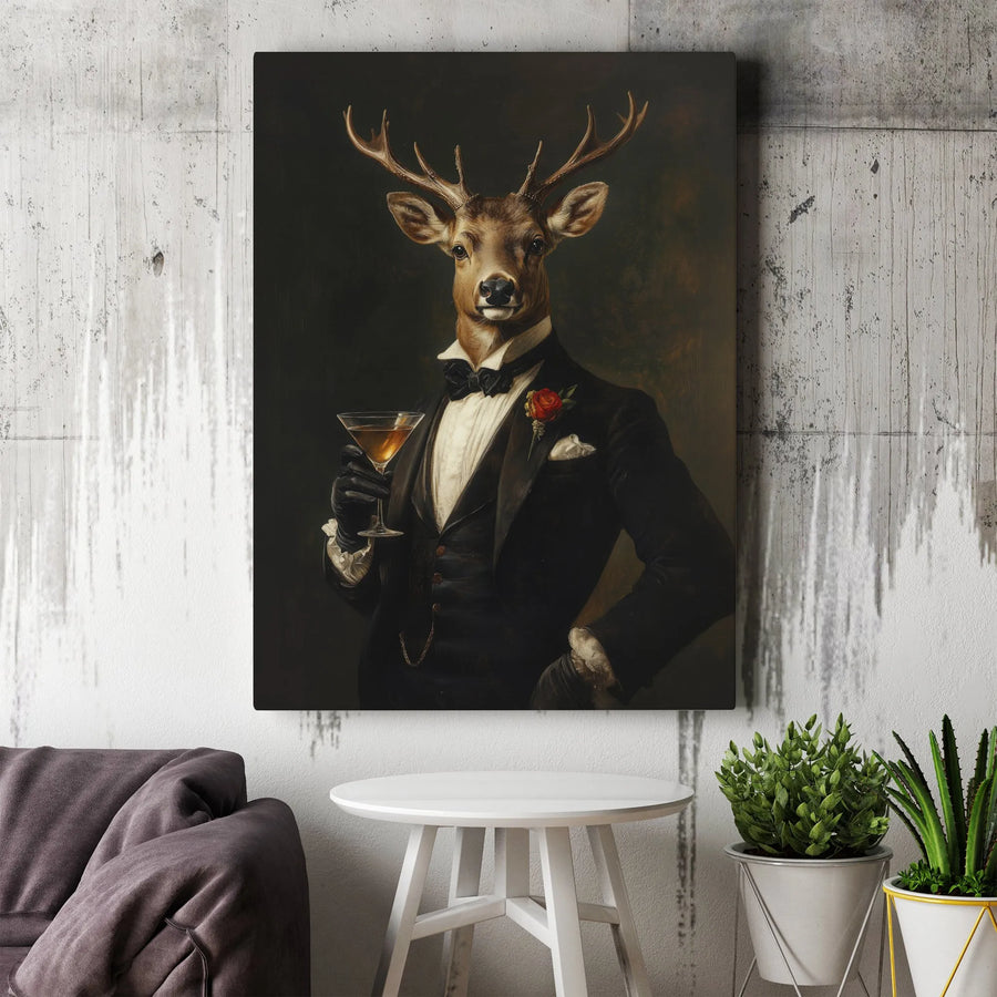 Deer in Tuxedo Martini Canvas Art | Gentleman Animal Portrait | 1.25-Inch Gallery Wrapped Canvas | Unique Home Office Wall Decor Gift