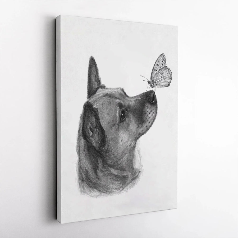 Dog and Butterfly Canvas Print | Pencil Sketch Wall Art | Premium Gallery Wrapped | Pet Lover Home Decor Gift