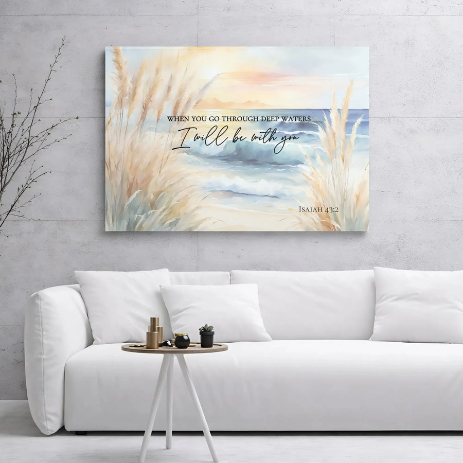 Isaiah 43:2 Bible Verse Canvas | Coastal Beach Landscape Print | Premium 1.25" Gallery Wrap | Christian Home Decor Wall Art Gift