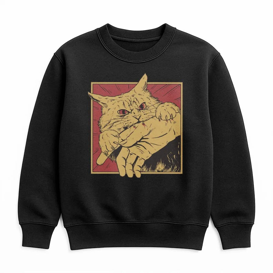 Angry Cat Bite Sweatshirt | Retro Horror Graphic Design | Premium Cotton Blend | Funny Pet Lover Gift For Men And Women