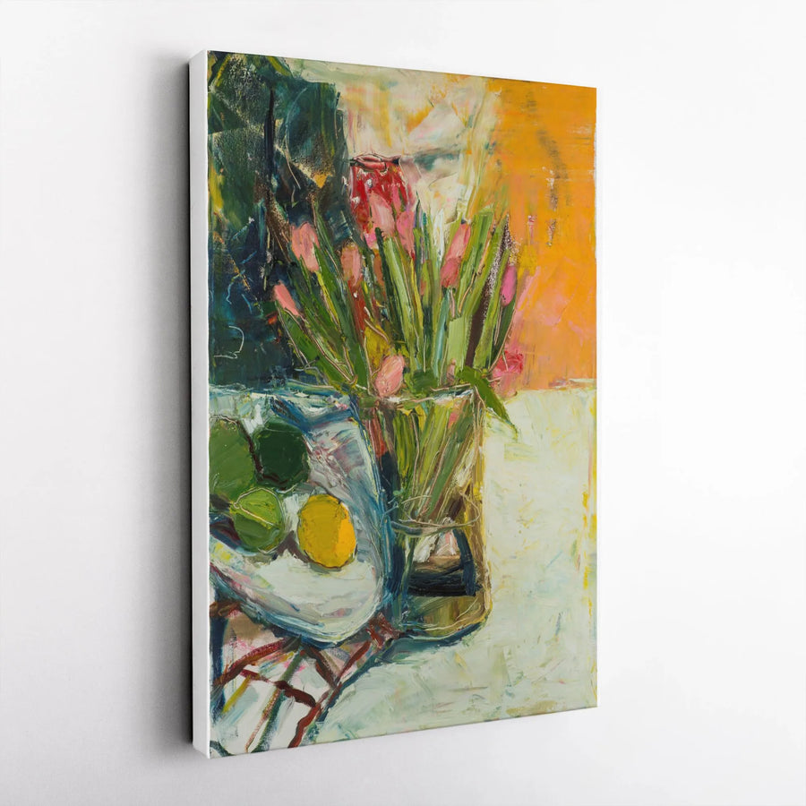 Floral Still Life Vertical Canvas | Abstract Painterly Tulips & Citrus Print | Premium Gallery Wrapped Canvas | Modern Kitchen Wall Decor Gift