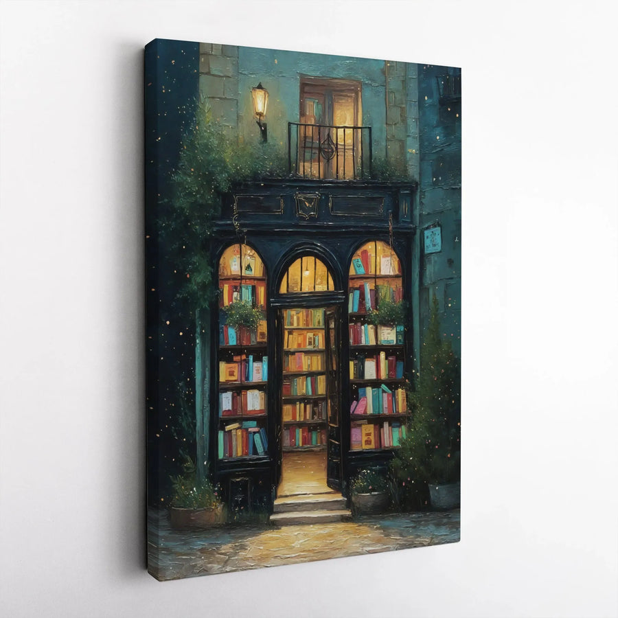 Cozy Bookstore Canvas Wall Art | Vintage Impressionist Night Scene | Premium Gallery Wrapped Canvas | Gift for Book Lovers & Readers