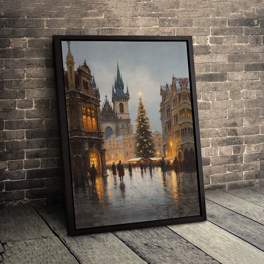 Prague Christmas Market Canvas Wall Art | Snowy Old Town Square Painting | Gallery Quality 1.25" Profile | Holiday Home Decor Gift