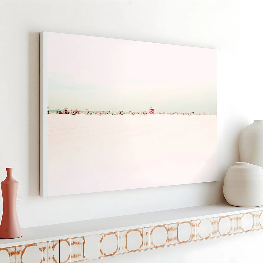 Minimalist Beach Canvas Wall Art | Pastel Seascape with Lifeguard Tower | Premium Fade-Resistant Print | Collector's Coastal Home Decor