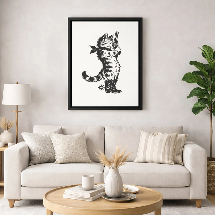 Cowboy Cat Wall Art | Western Pistol-Packing Kitty Print | Premium Gallery Wrapped Canvas | Quirky Home Decor Gift for Cat Lovers