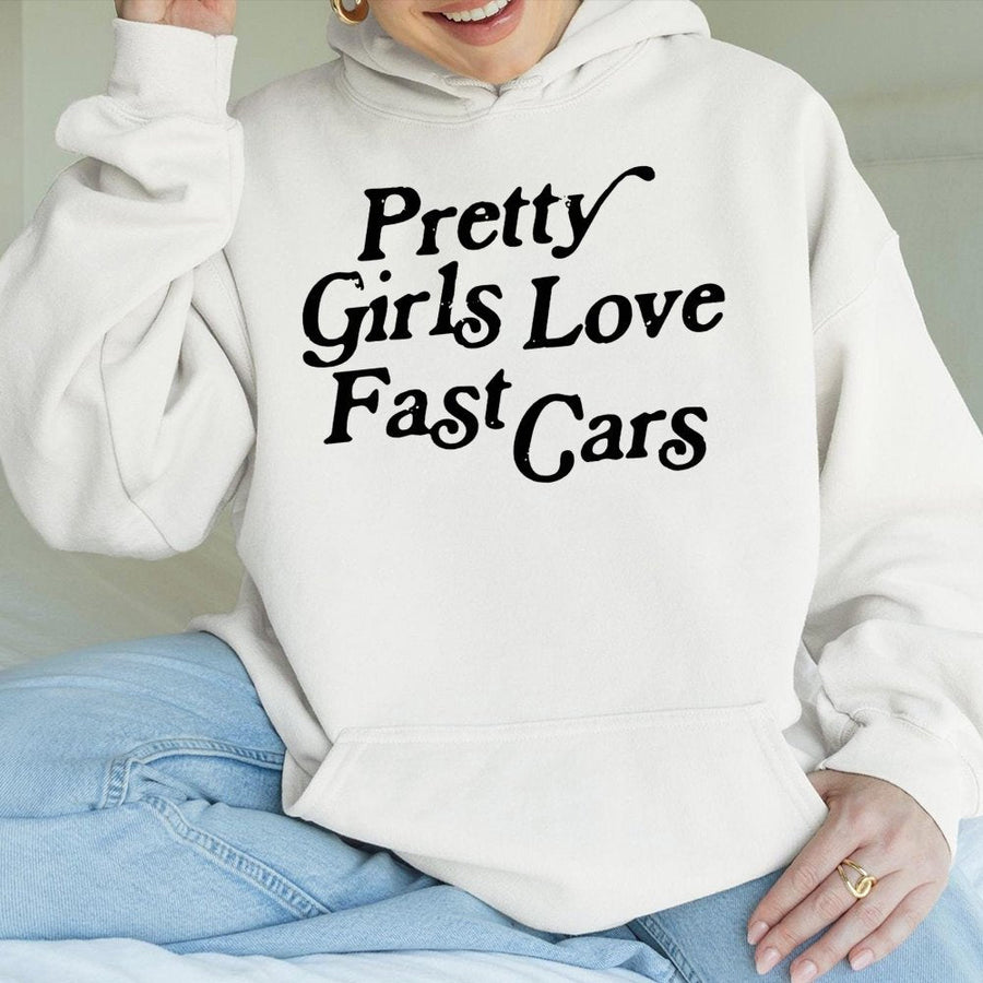 Pretty Girls Love Fast Cars Hoodie | Retro Typography Graphic Pullover | Premium Cotton Blend | Gift For Car Enthusiast Women
