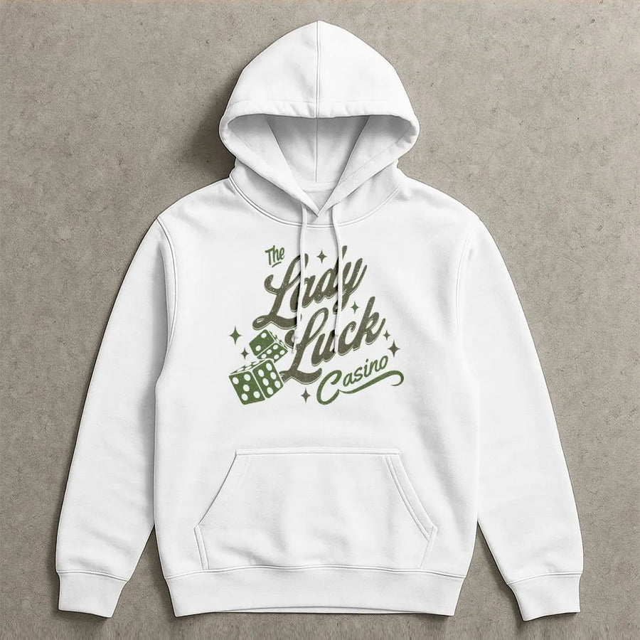 Good Luck Hoodie | Vintage Lady Luck Casino Graphic | Premium Unisex Pullover | Gift for Gamblers, Vegas Trip Apparel