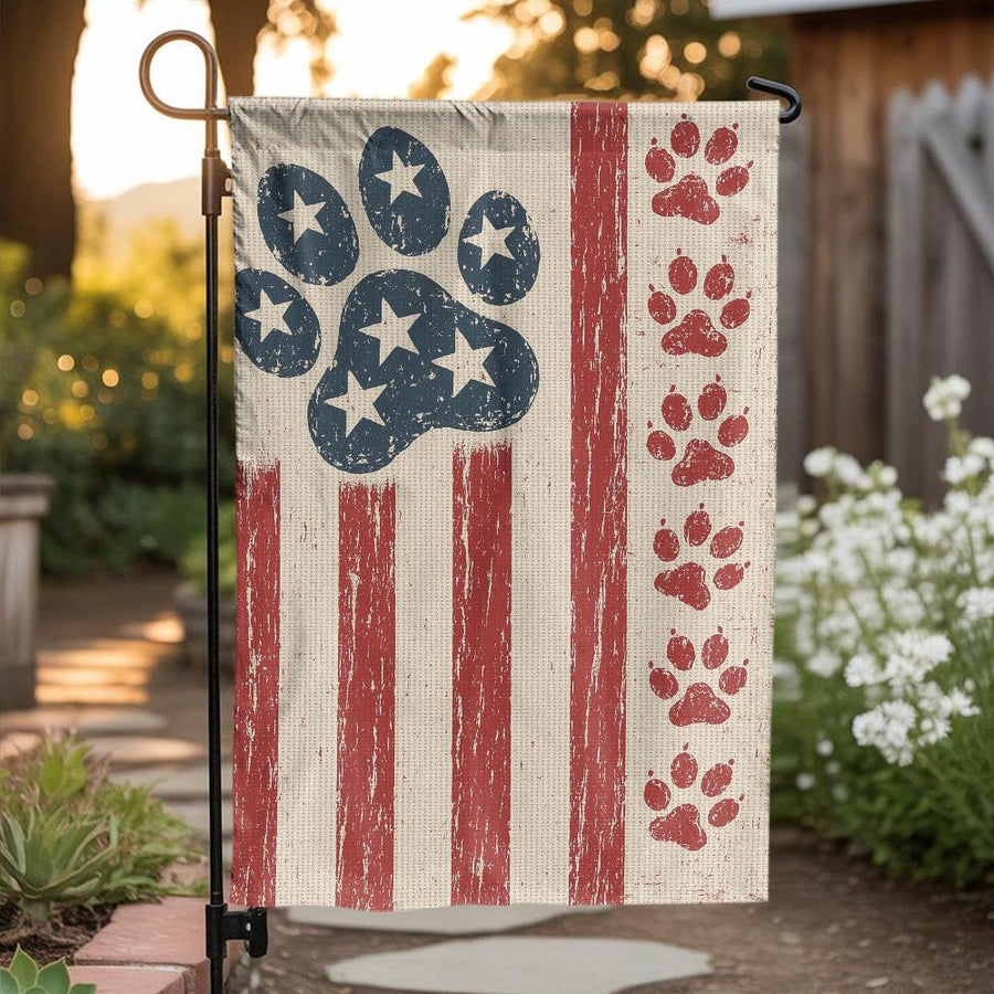 Patriotic Paw Print Garden Flag | Rustic American Flag Dog Design | Weather-Resistant Polyester | Outdoor Yard Decor Gift for Pet Lovers