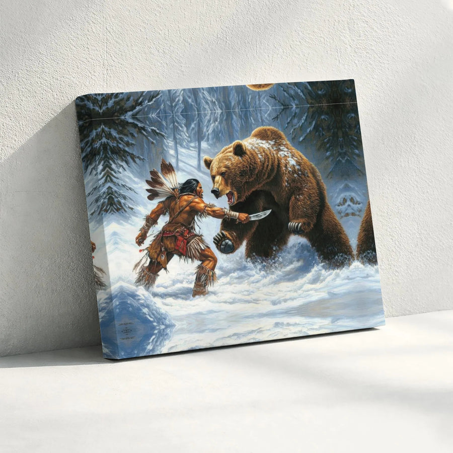 Native American Warrior Grizzly Bear Battle Horizontal Canvas | Epic Wilderness Hunt Art Print | Fade-Resistant 1.25" Gallery Wrap | Rustic Cabin Decor Gift