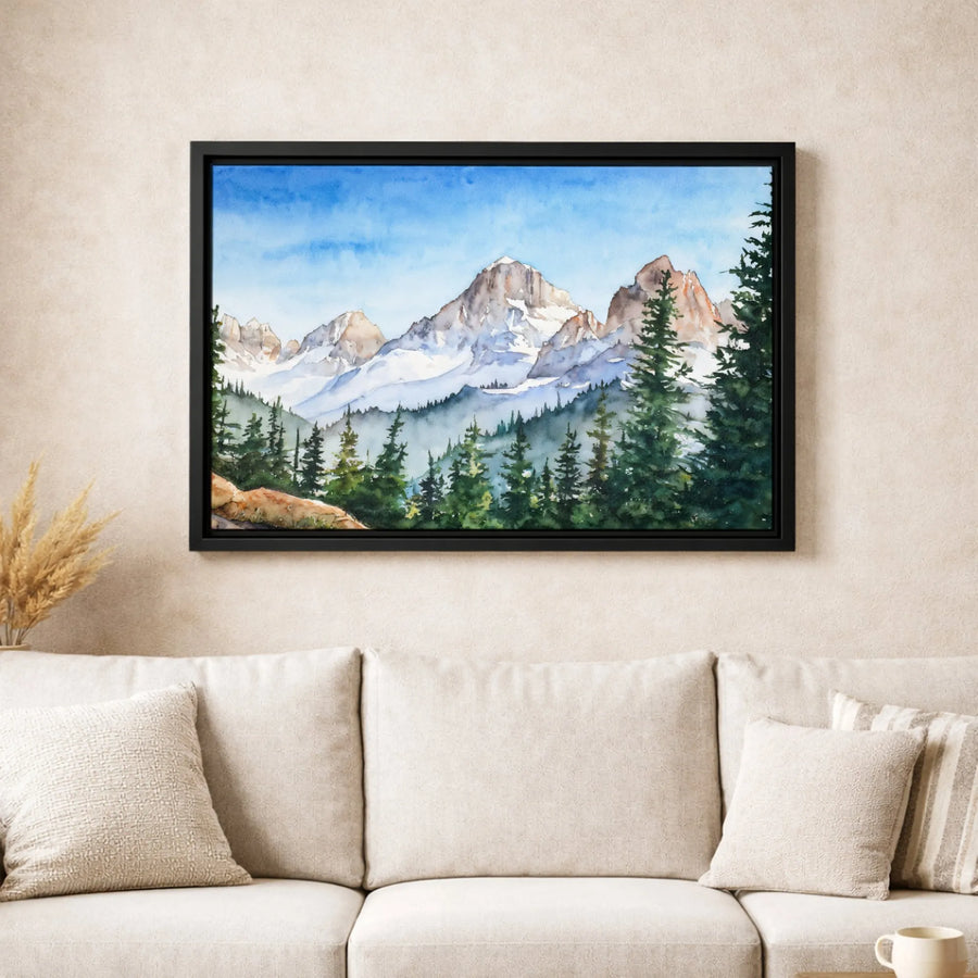 Mountain Landscape Canvas Print | Watercolor Snow-Capped Pine Forest | Premium Fade-Resistant Wall Art | Rustic Nature Home Decor Gift