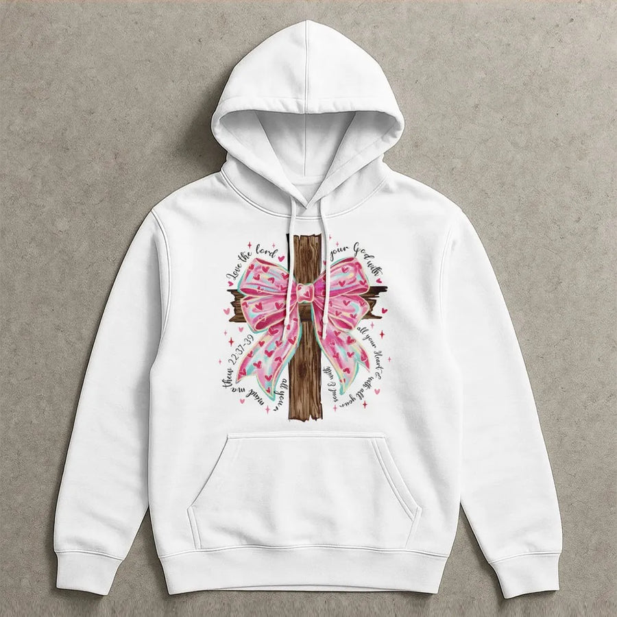 Matthew 22:37-39 Bible Verse Hoodie | Pink Coquette Bow and Wooden Cross | Premium Cotton Blend | Christian Gift for Women and Men